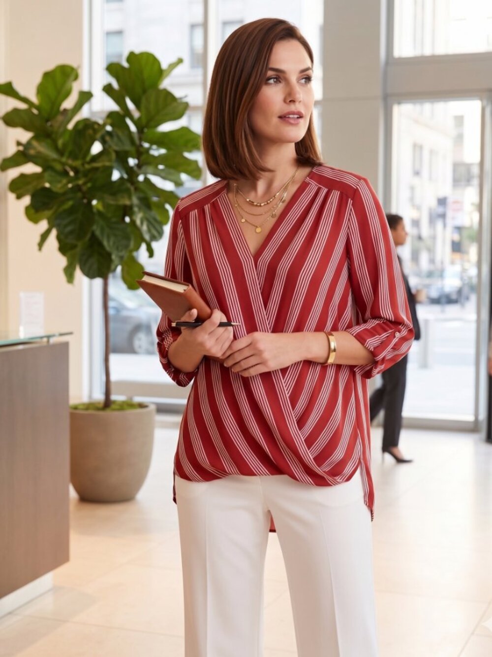 NWOT Corvia Rust Red and Off White Diagonal Stripe Wrap Womenʻs Blouse